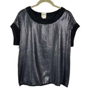 Haute Hippie Matte Metallic Black Sequin Knit Top Size XS Side Zipper Glam Punk